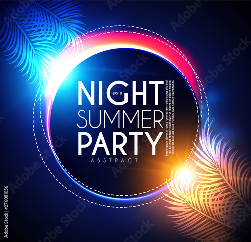 Tropic night summer party banner. Palms leaves with light effects.