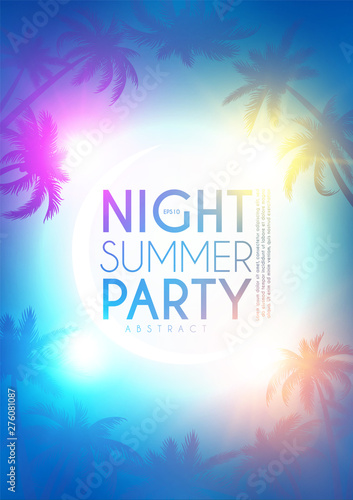 Tropic night summer party design template. Palms on a beach with light effects.