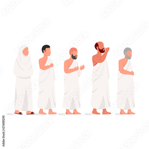 Muslim People Wearing Ihram, Practicing Hajj and Umrah Islamic Pilgrimage to Mecca Flat Illustration