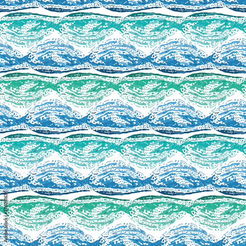 Abstract hand drawn blue, teal and turquoise wave design. Seamless geometric vector pattern on fresh white background. Great for wellness, beauty, spa products, fabric packaging, home decor, texture