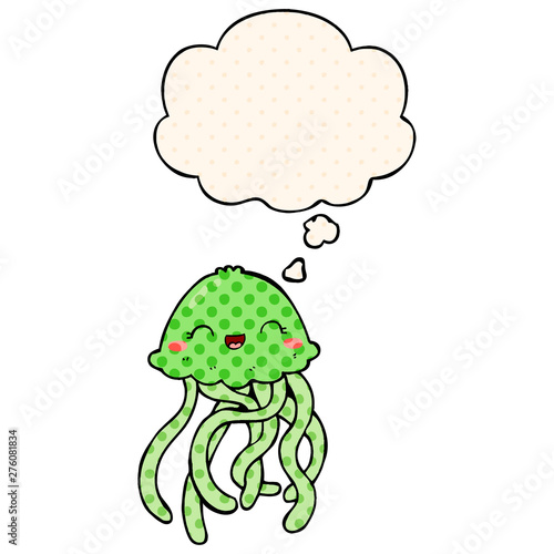 cute cartoon jellyfish and thought bubble in comic book style