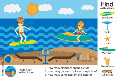 Activity page, summer beach people cartoon style, find images and answer the questions, visual education game for the development of children, kids preschool activity, worksheet, vector illustration