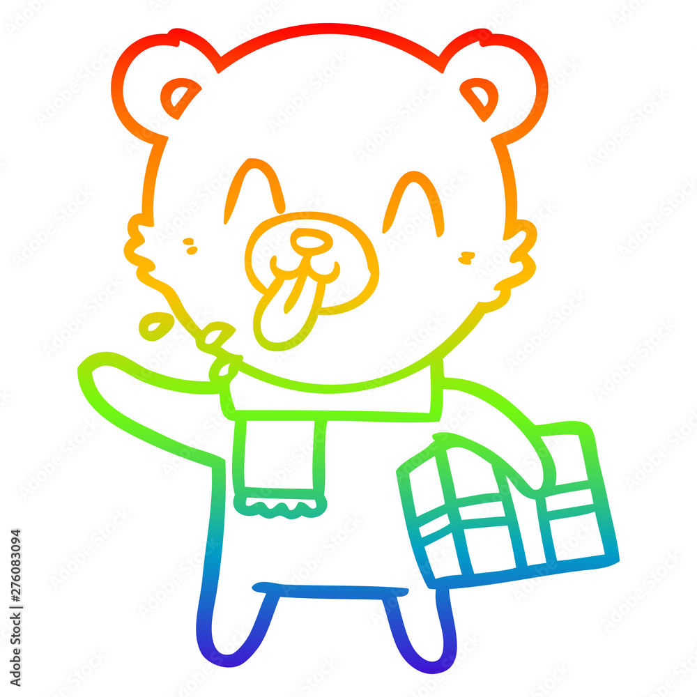 rainbow gradient line drawing rude cartoon bear with present rainbow gradient line drawing rude cartoon bear with present