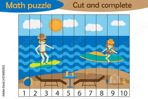 Math puzzle, summer beach with people in cartoon style, education game for development of preschool children, use scissors, cut parts of the image and complete the picture, vector illustration
