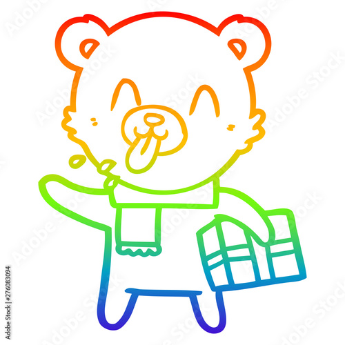 rainbow gradient line drawing rude cartoon bear with present