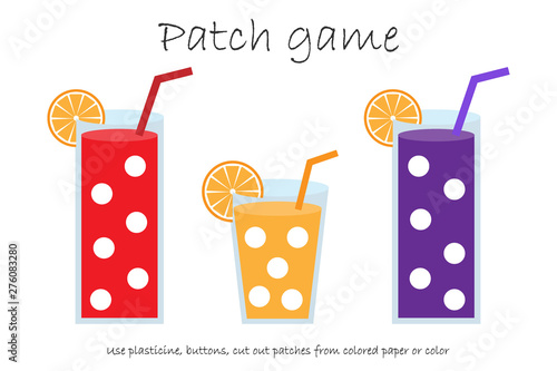 Education Patch game glass of juice for children to develop motor skills, use plasticine patches, buttons, colored paper or color the page, kids preschool activity, printable worksheet, vector