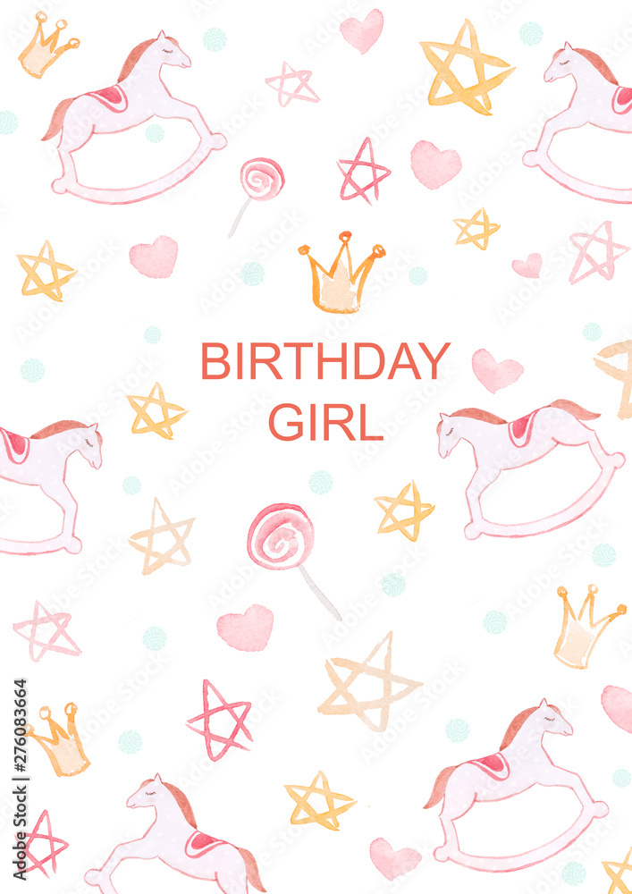 Hand drawn watercolor birthday girl card with pink horses, stars and candies on white isolated background