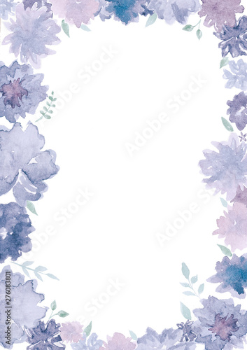Watercolor hand drawn frame of violet and blue flowers isolated on white background