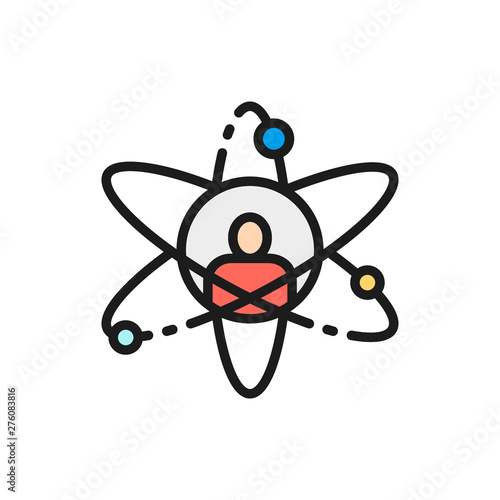 Vector man in atom, scientist, personal development flat color line icon.