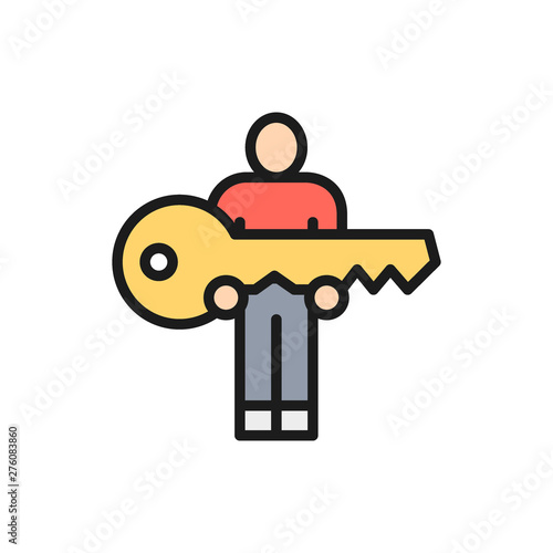 Vector human hold big key flat color line icon.