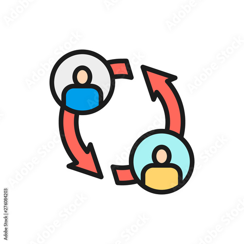 Vector two people with arrows, employee replacement flat color line icon.