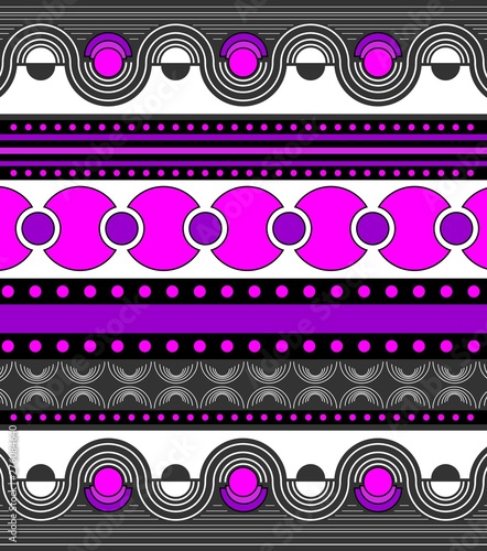 Colorful geometric ornament  horizontal lines and waves. Lilac  grey  and white symmetrical pattern with dots and stripes.