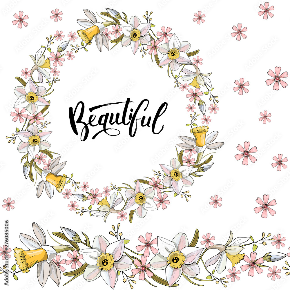 Seamless pattern with floral romantic elements. Endless texture for season spring design. Narcissus flowers