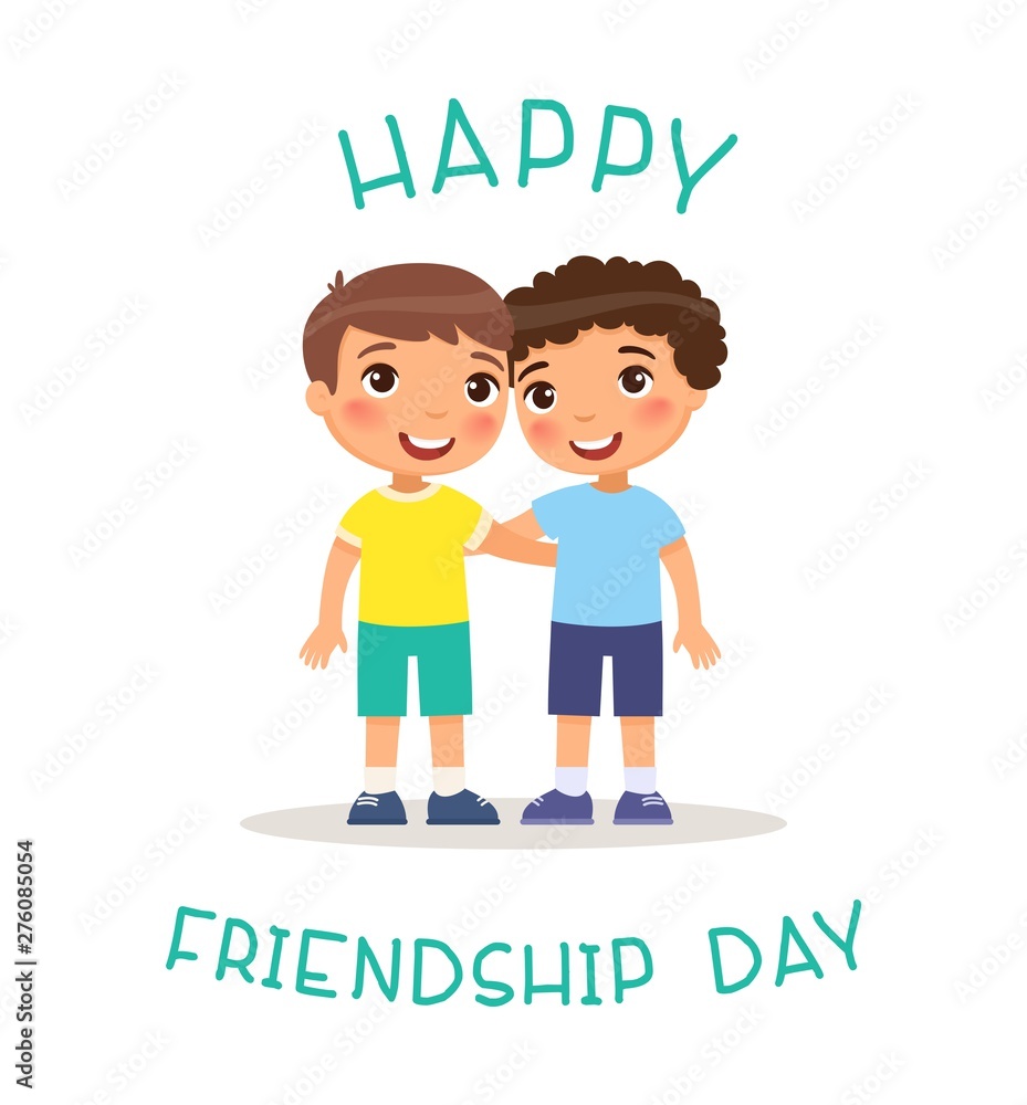 Happy Friendship Day. Two сute little boys hugging. Funny cartoon ...