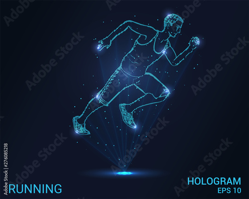 Hologram running. A man runs. Flickering energy flux of particles. The scientific design of the sport.