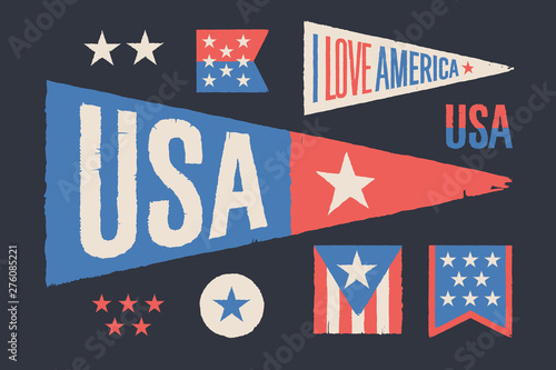 Set symbols USA. Vintage retro graphic flag, pennant