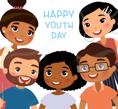 Happy Youth Day. International young girls and young boys friends. Funny cartoon character.  Vector illustration. Isolated on white background