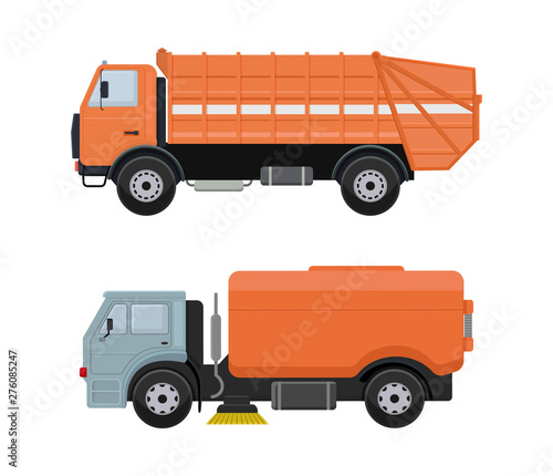 Road cleaning machine vector vehicle truck sweeper cleaner wash city streets illustration, vehicle van car excavator bulldozer tractor lorry transportation isolated on background