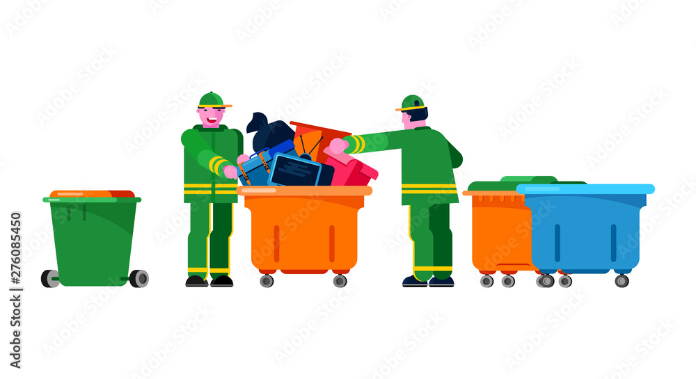 Janitor wiper yardman people sorting trash can vector bin recycle