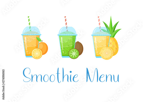 Natural fruit smoothie shake colection vector illustration. Sweet protein shake or vegeterian juicy cocktail set in glass cup with straw isolated on white background for smoothie social media banner