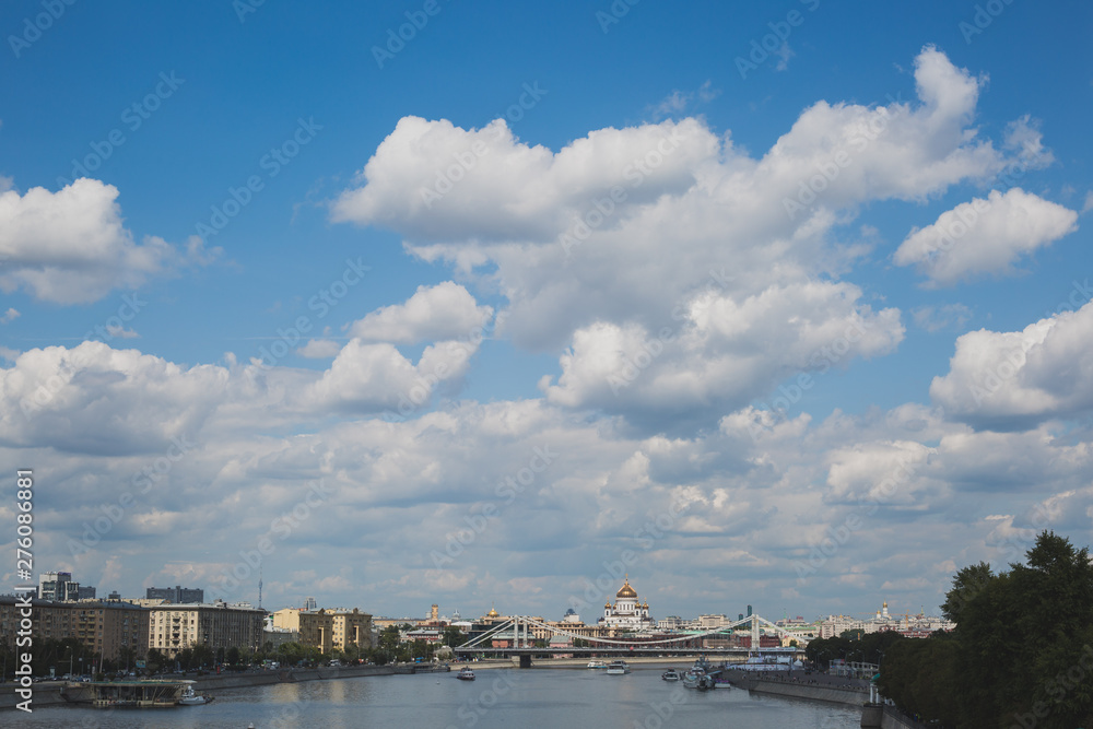 Moscow view. Blue sky with white clouds