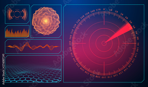 Military green radar. Wireframe landscape . Screen with target. Futuristic HUD interface. Stock vector illustration. Glowing Sphere
