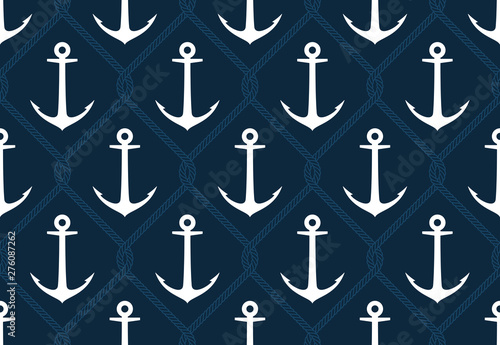 Seamless vector texture white steel ship anchor and intertwined with ropes. Blue background.