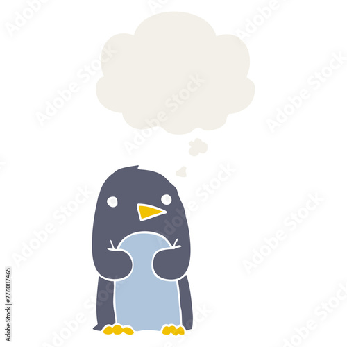 cartoon penguin and thought bubble in retro style