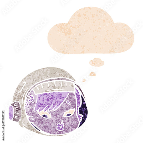 cartoon astronaut face and thought bubble in retro textured style