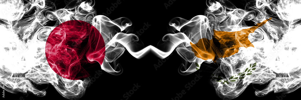 Obraz premium Japan vs Cyprus, Cyprian smoky mystic flags placed side by side. Thick colored silky smokes combination of Cyprus, Cyprian and Japanese flag