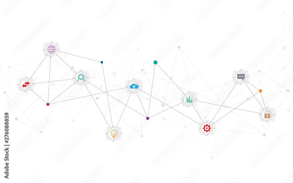 Technical abstract background with connecting dots and lines. Digital technology and communication concept with flat icons. Technical abstract background with connecting dots and lines. Digital technology and communication concept with flat icons.