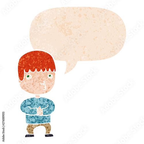 cartoon man speaking;talking and speech bubble in retro textured style