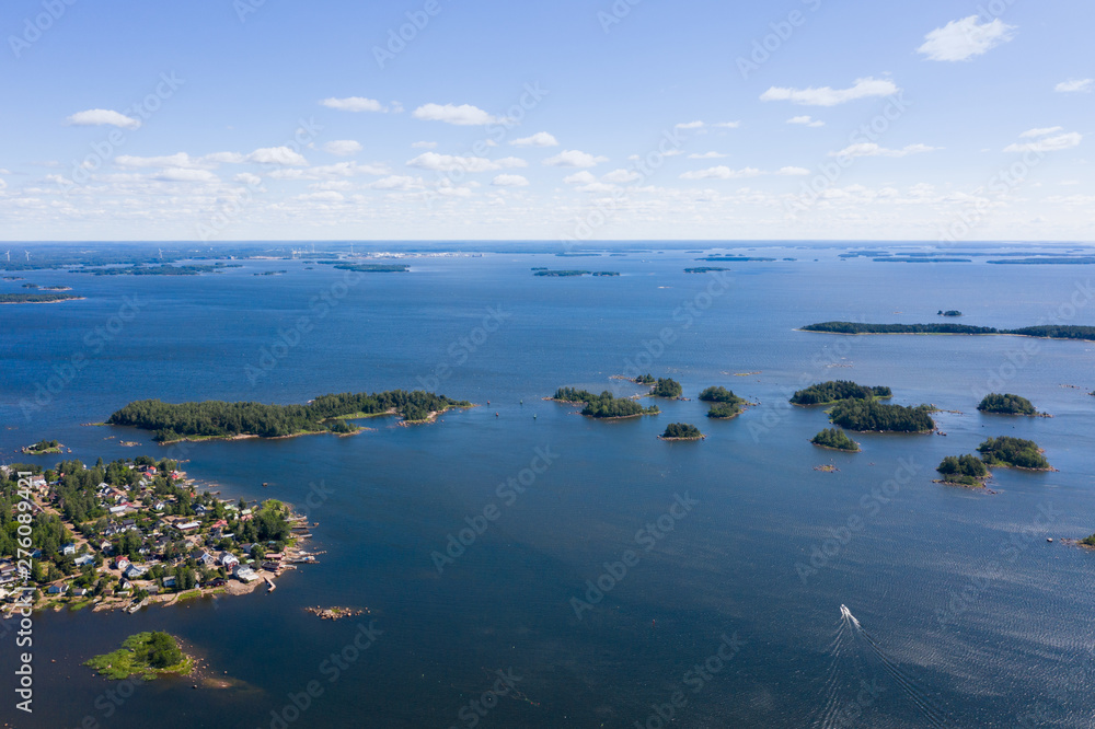 Kotka. Finland. Bird's-eye view of the Islands. In the frame of sailing yachts