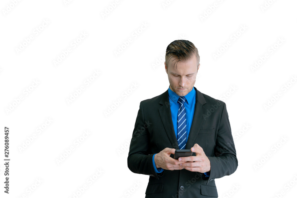 Portrait smart european businessman using smartphone doing his job on white background Portrait smart european businessman using smartphone doing his job on white background