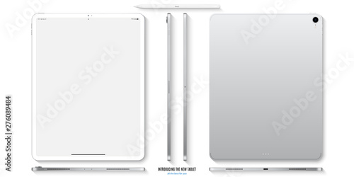 tablet mockup in white color with blanc screen front, back and side on white background. stock vector illustration eps10