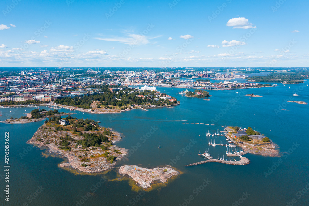 Helsinki. Finland. View of the island of Taiteilijatalo Harakka ry from the height of bird flight. In the frame of the island, yachts, ships