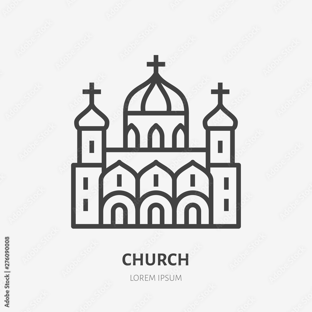 Russian orthodox church flat line icon. Vector thin sign of chapel exterior, christian logo. Religion building outline illustration