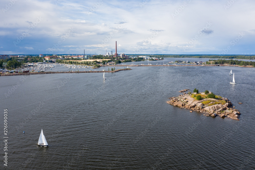 The City Of Kotka. Finland. Bird's-eye view. In the frame of the city, water and yachts