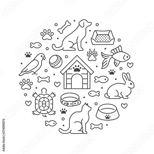Pet shop vector circle banner with flat line icons. Dog house, cat food, bird, rabbit, fish, animal paw, bowl illustrations. Thin signs for veterinary poster isolated on white background