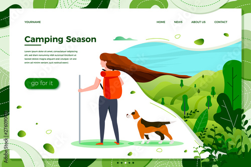 Vector illustration - tourist girl with backpack and dog on summer travel, forests, trees and hills on green background. Banner, site, poster template with place for your text.