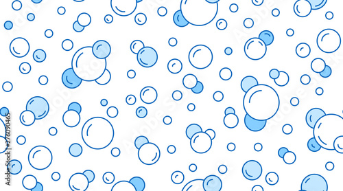 Bubbles vector seamless pattern with flat line icons. Blue white color soap texture. Fizzy water background, abstract effervescent effect wallpaper