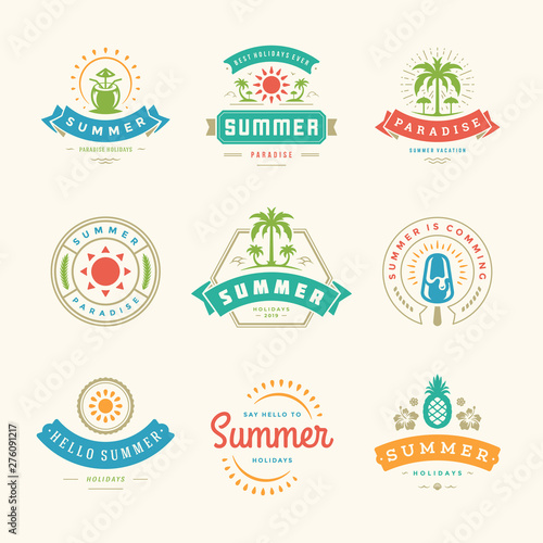 Summer holidays labels and badges retro typography design set.