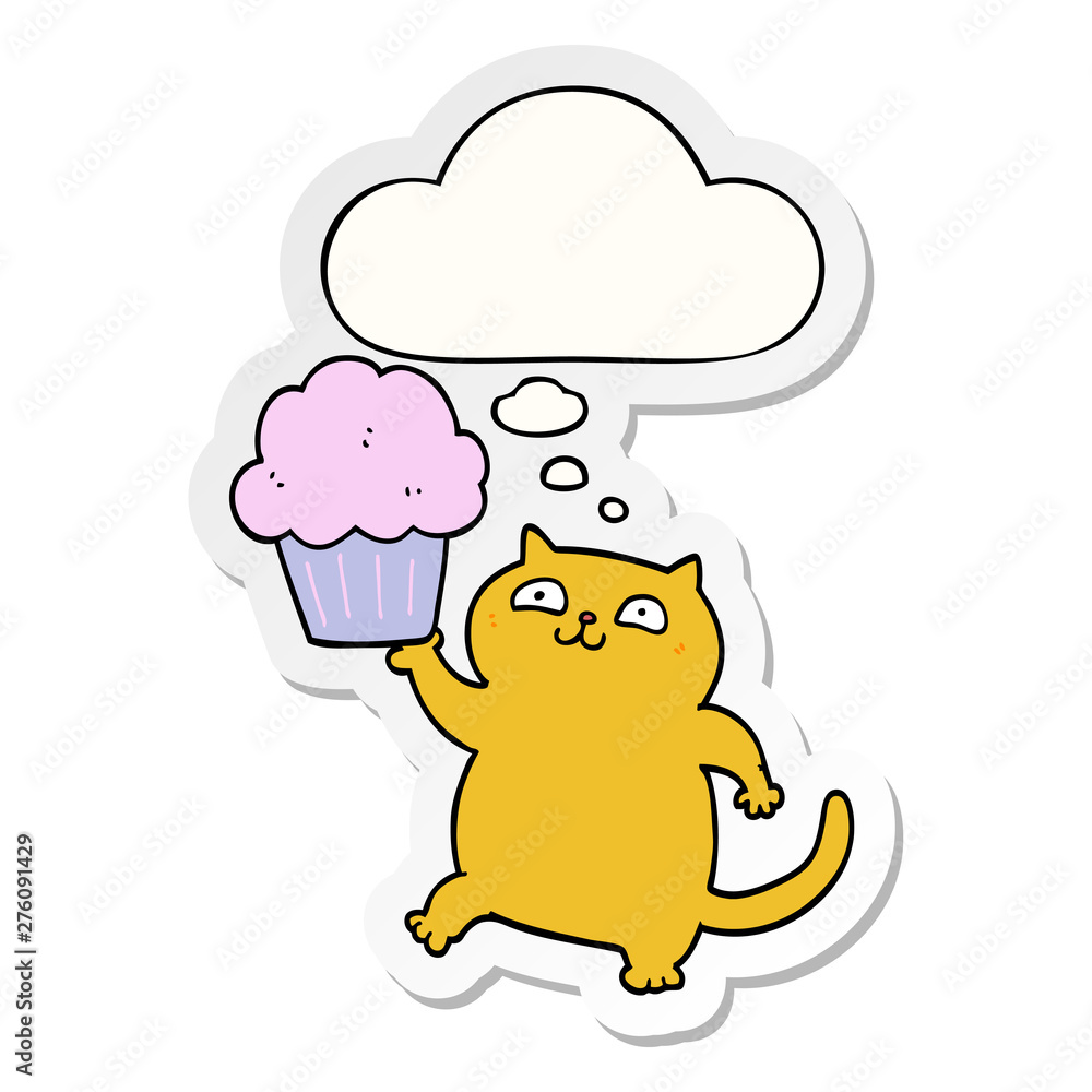 cartoon cat with cupcake and thought bubble as a printed sticker cartoon cat with cupcake and thought bubble as a printed sticker