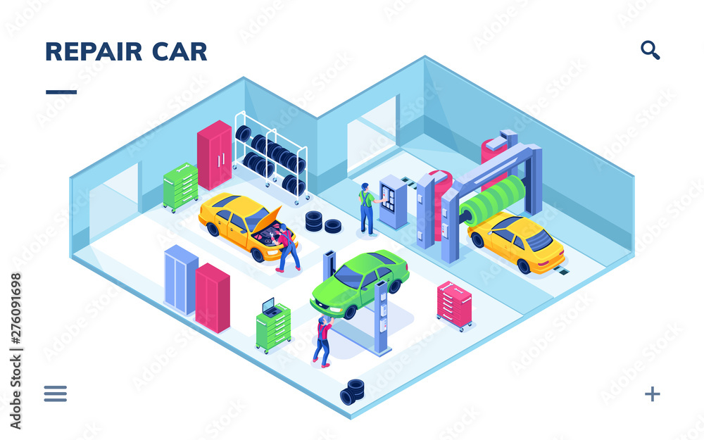 Isometric indoor view on car service or auto repair. Mechanic lifting vehicle and technician doing engine tuning, automobile wash. Smartphone application page for garage car diagnostic, checking Isometric indoor view on car service or auto repair. Mechanic lifting vehicle and technician doing engine tuning, automobile wash. Smartphone application page for garage car diagnostic, checking