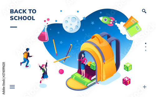 Isometric banner for school smartphone application. Kids going back to teacher and bag or children going for study. Pupil and laboratory flask, books and pencil. Teaching class. Education theme