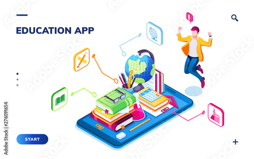Isometric education banner or isometry landing page for online school, digital college or library smartphone application. Man, globe, book, phone for webinar or tutorial, study background. Teaching
