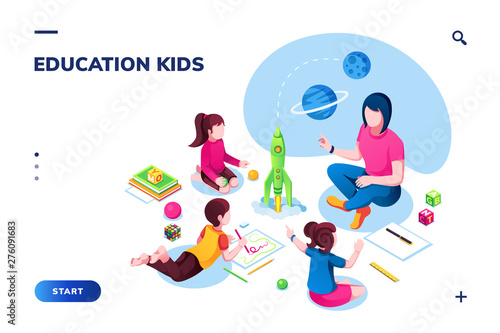 Isometric class at kindergarten with woman teacher for smartphone application page. Children or kids painting at preschool or playschool. Web education, training technology for pupil. School theme