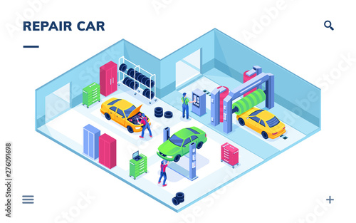 Fototapeta Naklejka Na Ścianę i Meble -  Isometric indoor view on car service or auto repair. Mechanic lifting vehicle and technician doing engine tuning, automobile wash. Smartphone application page for garage car diagnostic, checking