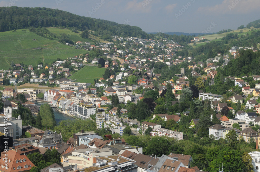Switzerland: The view to the old town of Baden City and Ennetbaden in canton Aargau from the chateau above