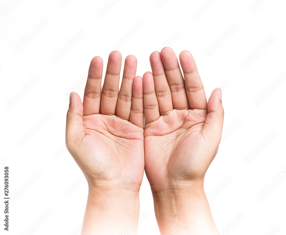 Human two hands are extended to the front and open palm. Isolated background. Human two hands are extended to the front and open palm. Isolated background.